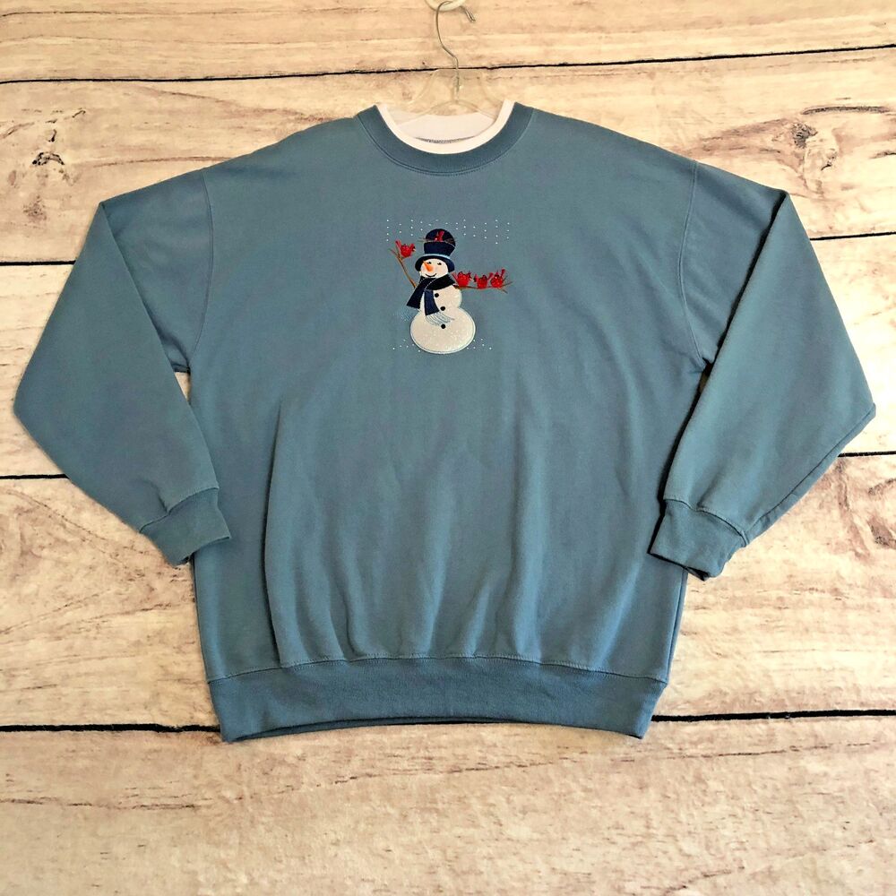 Vtg M&C Sportswear Christmas Sweatshirt L Glitter Snowman Red Cardinal Bird Cozy